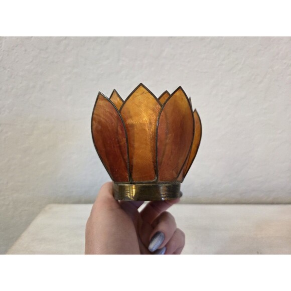 Vintage Capiz Shell Lotus Flower Burnt Orange with Brass Accent Candle Holder - Picture 3 of 12
